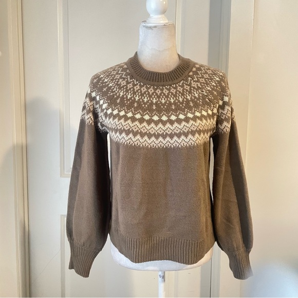 Evereve tan fair isle crew sweater Sz S - Picture 3 of 11